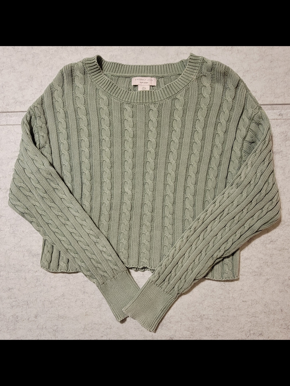 Sincerely Jules Sage Green Cable Knit Cropped Cotton Sweater Size Small
